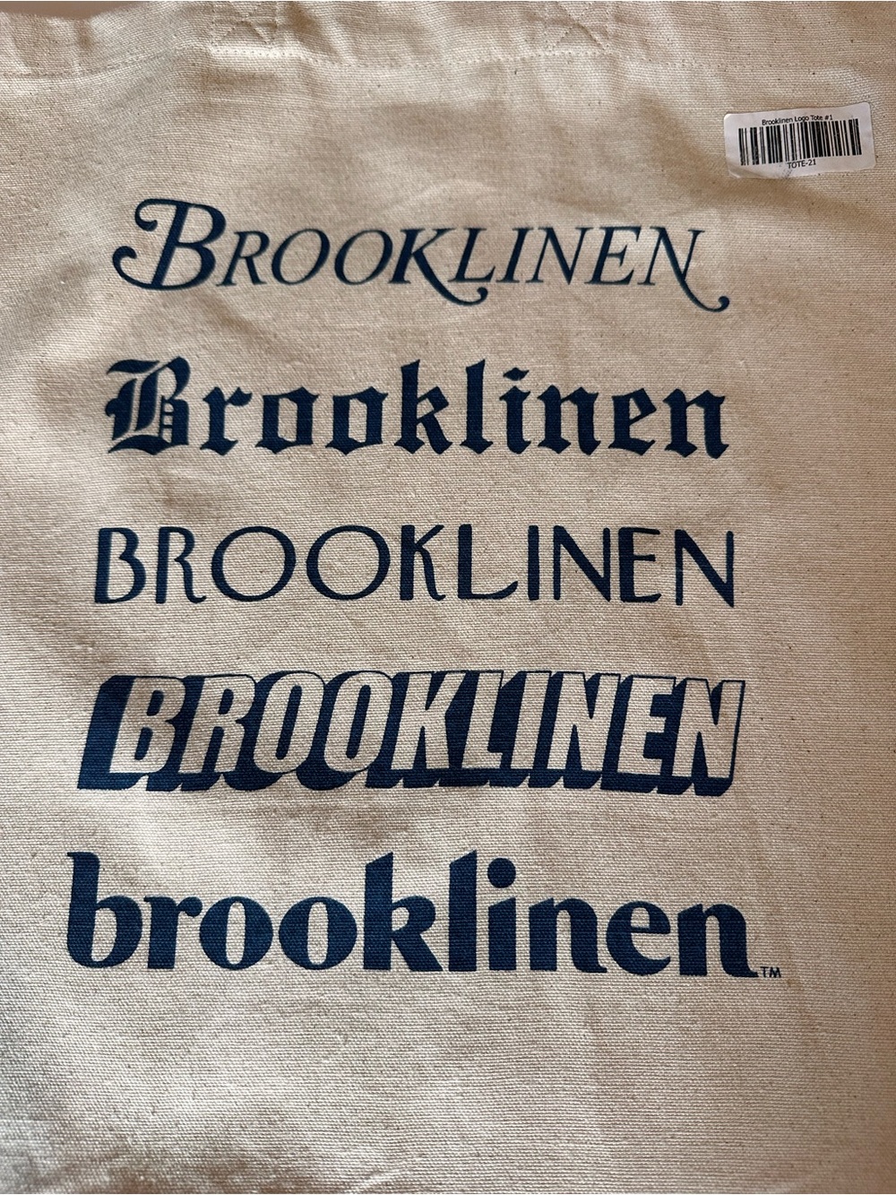 Brooklinen Natural Canvas Tote with Navy Logo Prints